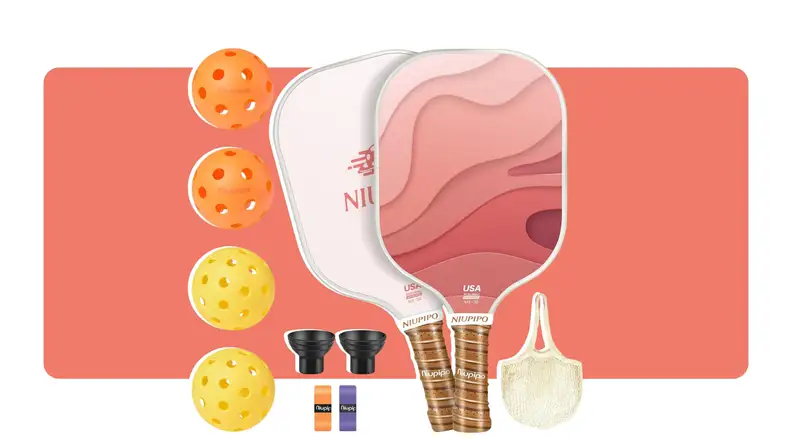 A Niupipo Pickleball set with four orange and yellow balls, two printed padded and other assorted items.