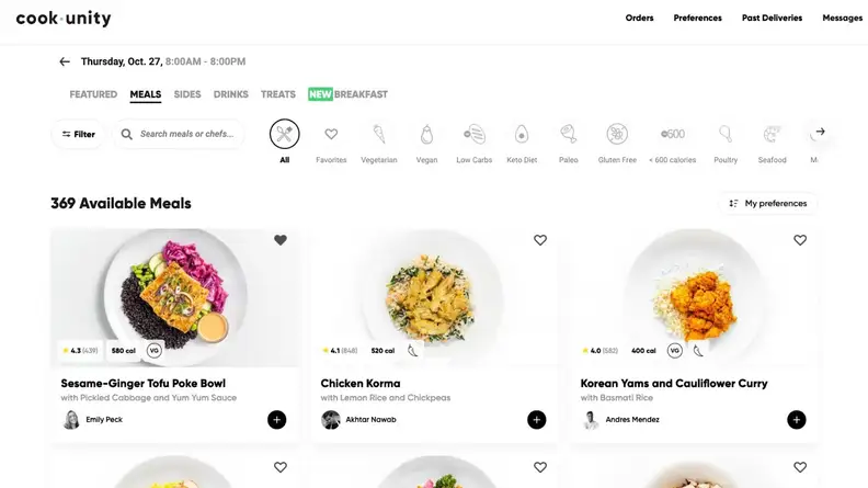 Screengrab of the CookUnity interface with personalized meals featured.