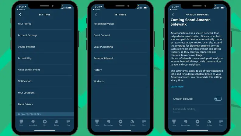 Screenshots of turning off Amazon Sidewalk in the Amazon Alexa app
