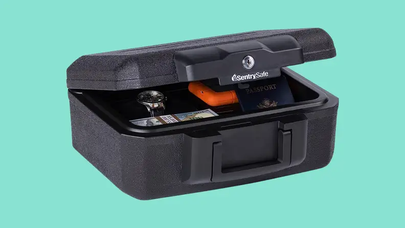 The SentrySafe Fireproof Money Safe on a teal background.