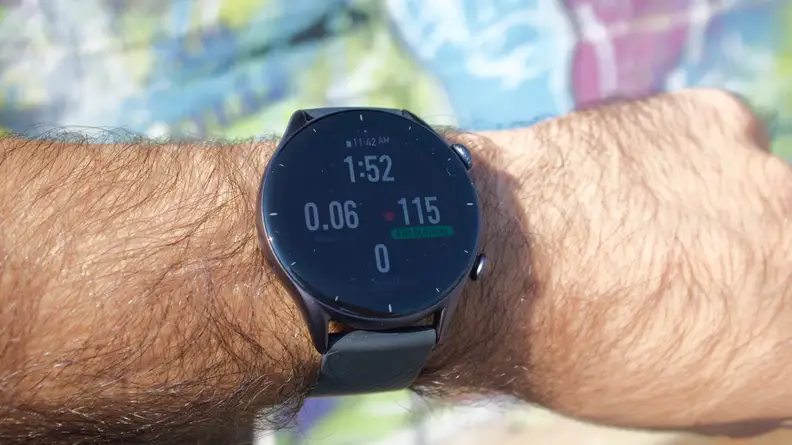 The GTR 3 showing the stats of a walking workout, while being worn on a left arm.