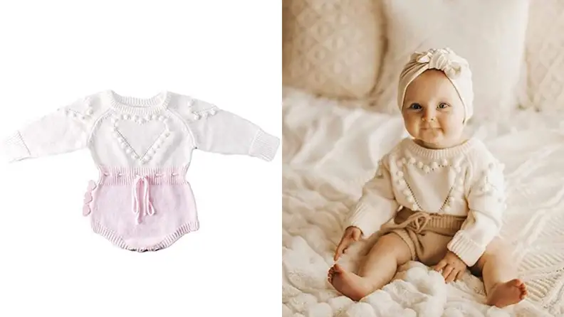 Children's knit onsie in the style of a heart.