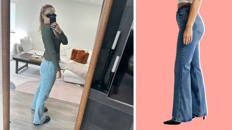 The author takes a mirror selfie from the side while wearing blue flare jeans and a cardigan, and a close-up of a model wearing the same jeans in a different wash.