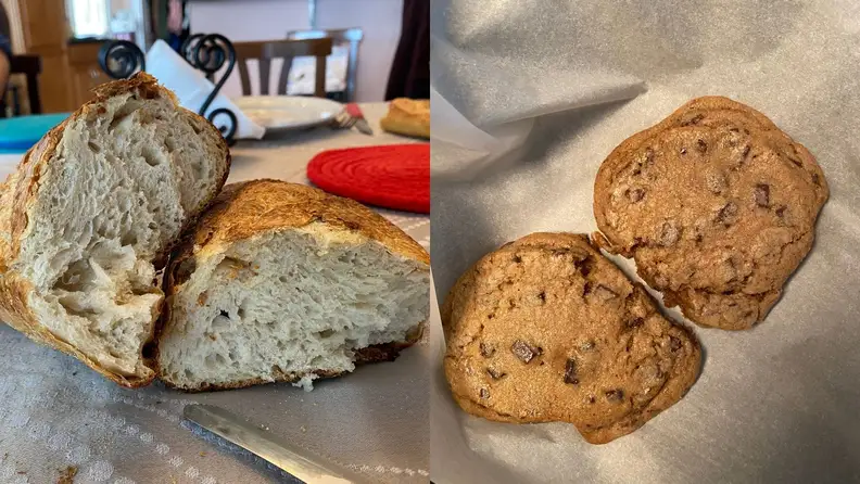 On right, photo of sourdough loaf cut in half, stacked on one another. On right, photo of two chocolate chunk cookies on parchment paper.