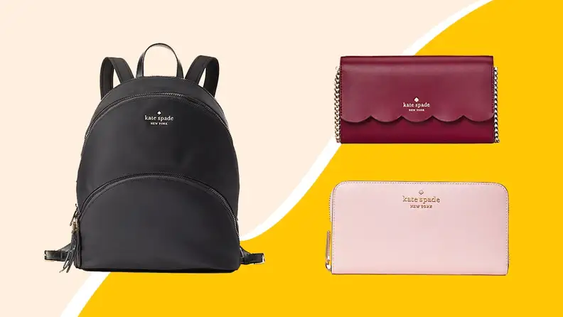 Black backpack and red and light pink wallets against yellow background