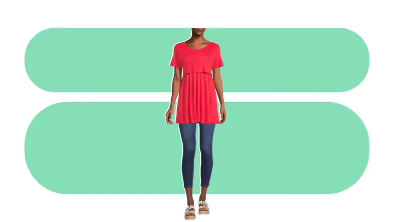 Image of a model wearing the Oh! Mamma women's maternity overlay and nursing top from Walmart.