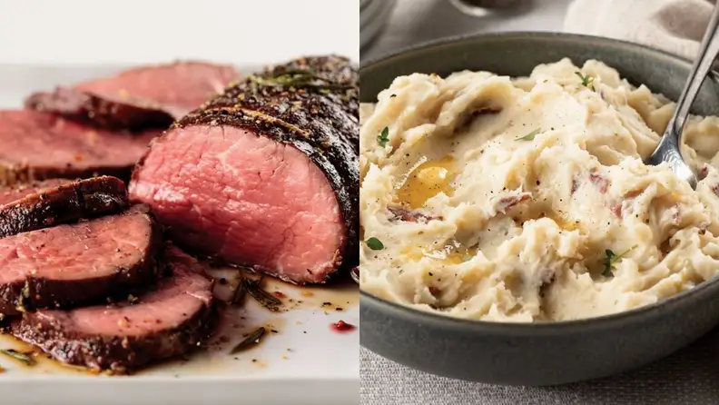 On right, beef cut into slices. On right, a bowl of mashed potatoes