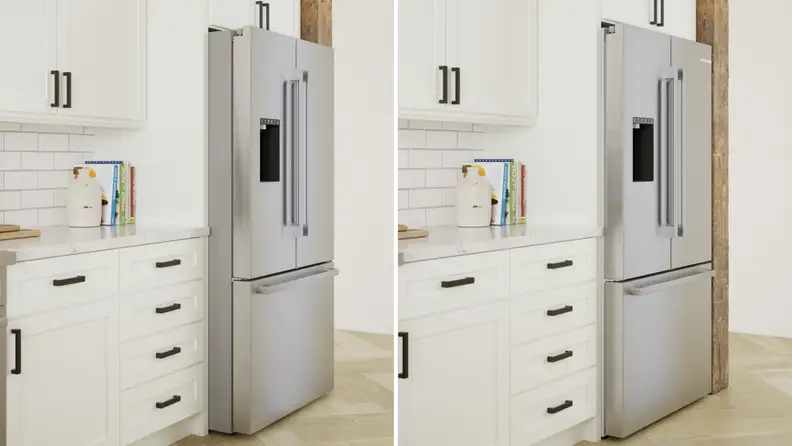 Left: a standard-depth Bosch fridge protrudes from cabinetry in a kitchen. Right: a Bosch fridge is even with the cabinetry.