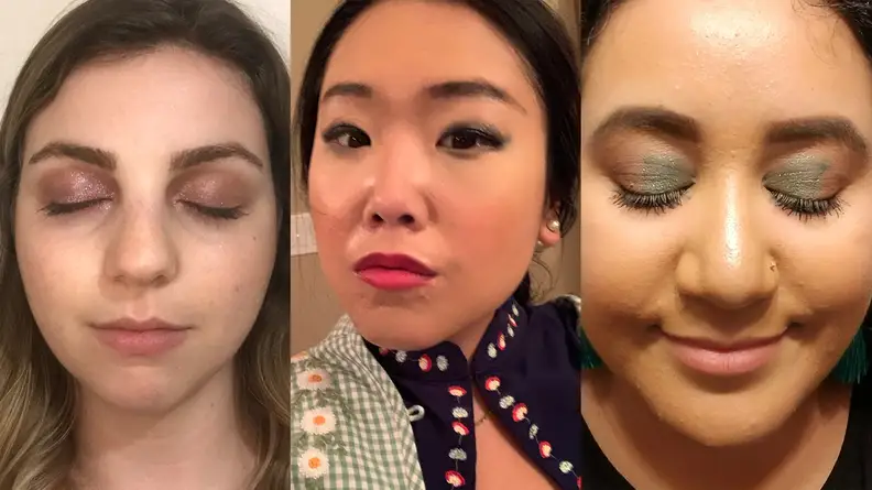 Three women whose Haus Labs makeup wore off to varying degrees throughout the day