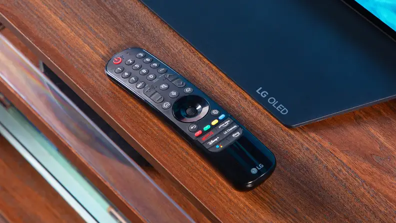 A closeup of the LG B2's remote.