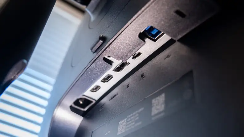 Underside showing ports of Alienware 39 5K OLED Gaming Monitor (AW3926QW).