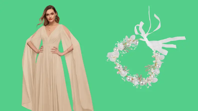 A model wearing a beige dress and a pearl headband.