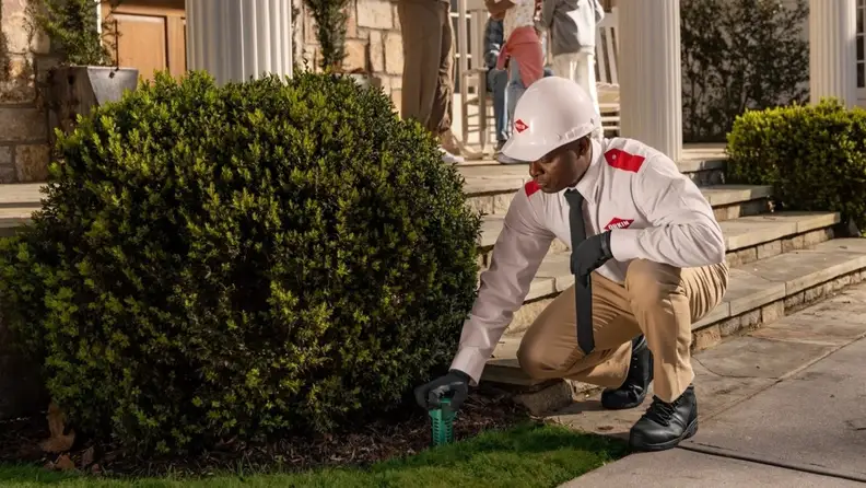 Technician in hard hat placing a bait station near shrubs