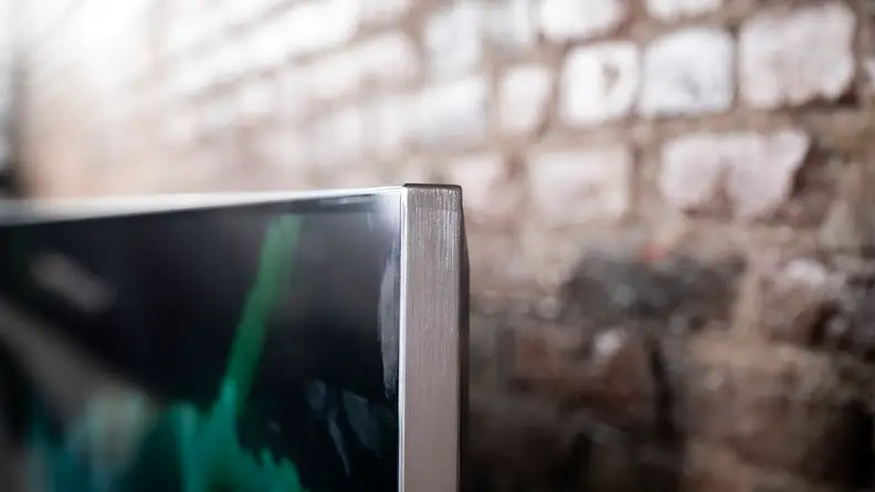 A close-up of the edge of the LG QNED99 8K TV's panel