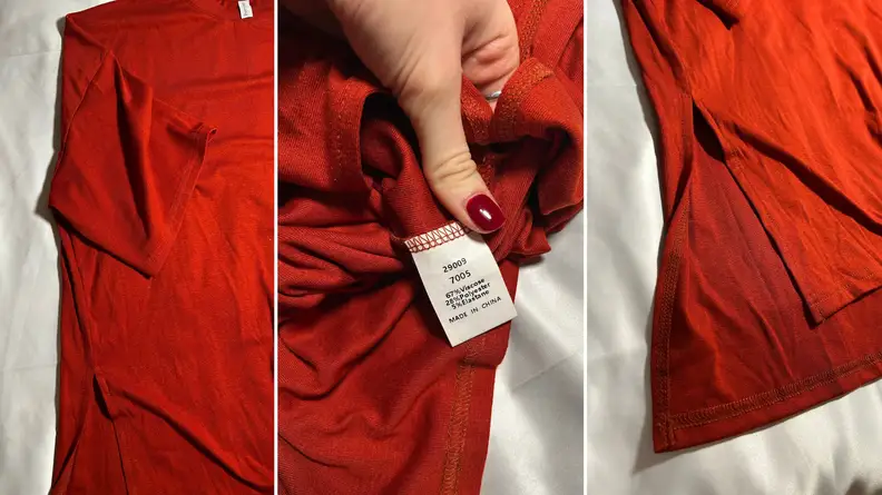 Fabric and tag on a pair of reddish pajamas.