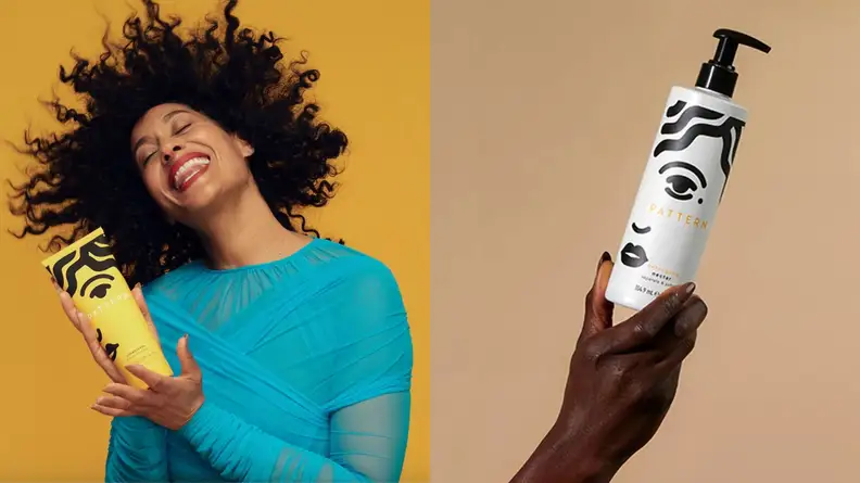 On the right: Tracee Ellis Ross throwing her head back smiling holding a yellow bottle. On the right: A hand holding up a black and white pump bottle.