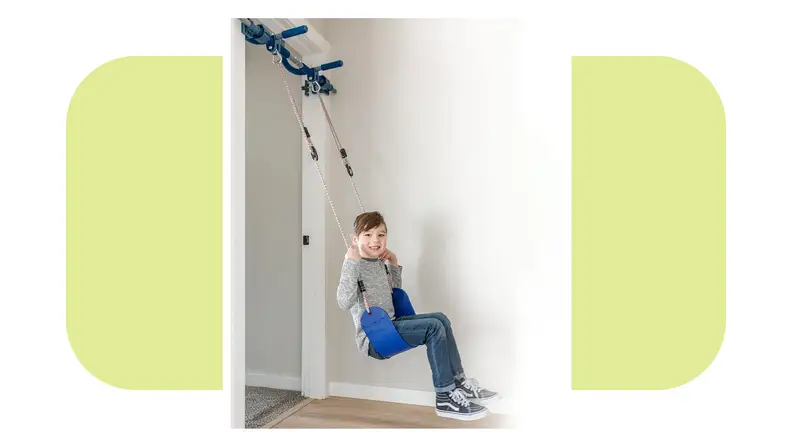 A Gym1 sensory swing on a colorful background