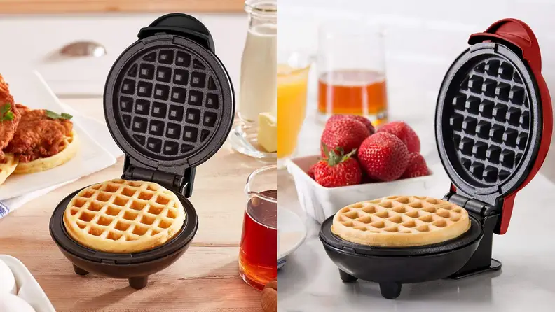 waffle maker by Dash with waffle inside