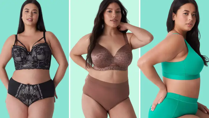 Three bras collaged against a colorful background, all seen on models: The first is a lace matching set in black, the second is a brown set with leopard prints, the third is a green set.