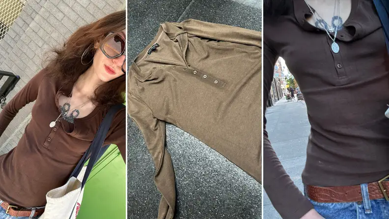 Three images of a brown half-button shirt, with a woman wearing it on the left.