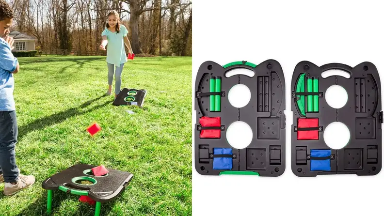 On one side a boy and girl play cornhole. On the other side it shows how the bean bags and poles can be tucked away for travel.