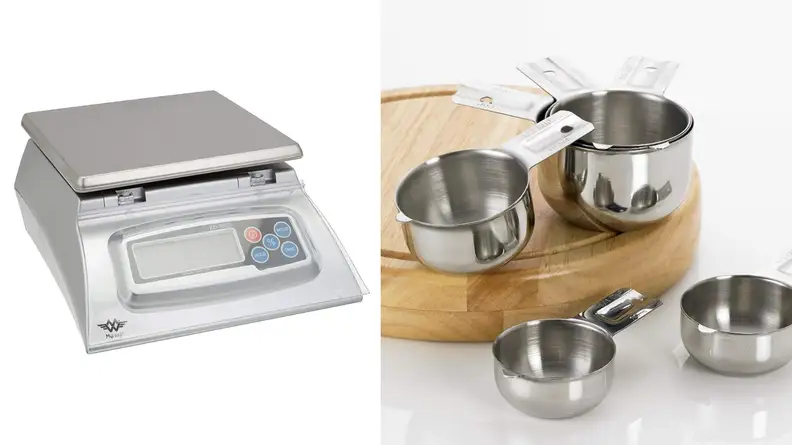 Measuring cups and kitchen scale