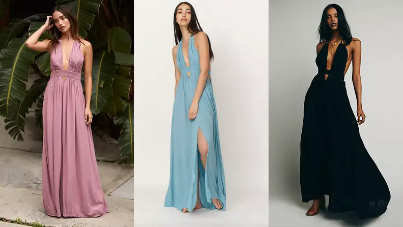 Models wearing a pink, blue, and black Look Into the Sun Maxi Dress.