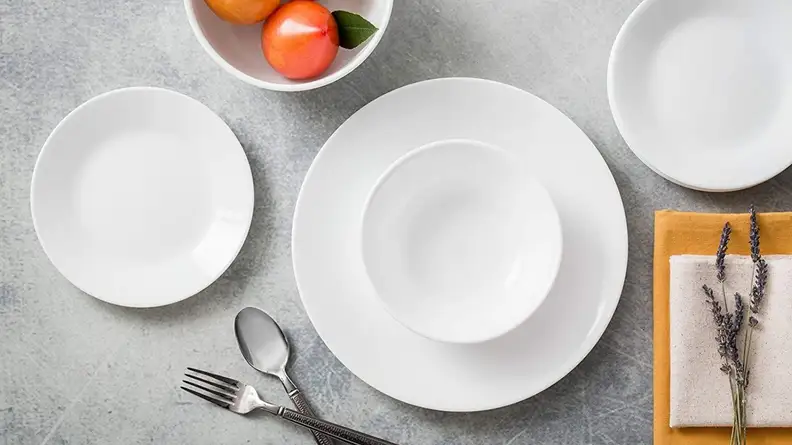 Corelle dinnerware arranged in a place setting.