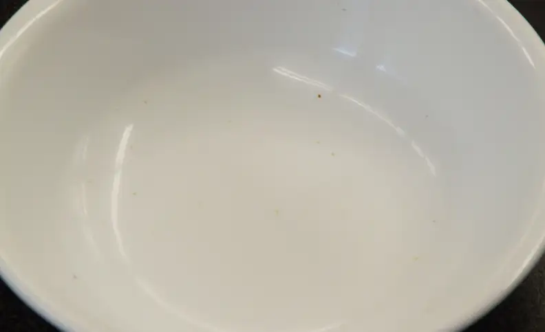 Here we see some leftover spinach stains, as well as some meat redeposit.