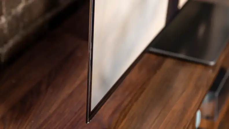 A close-up of the Samsung S95B's ultra-thin OLED panel, as seen from the side