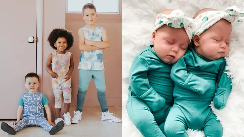 Left: three toddlers of varying heights wearing different colored long 