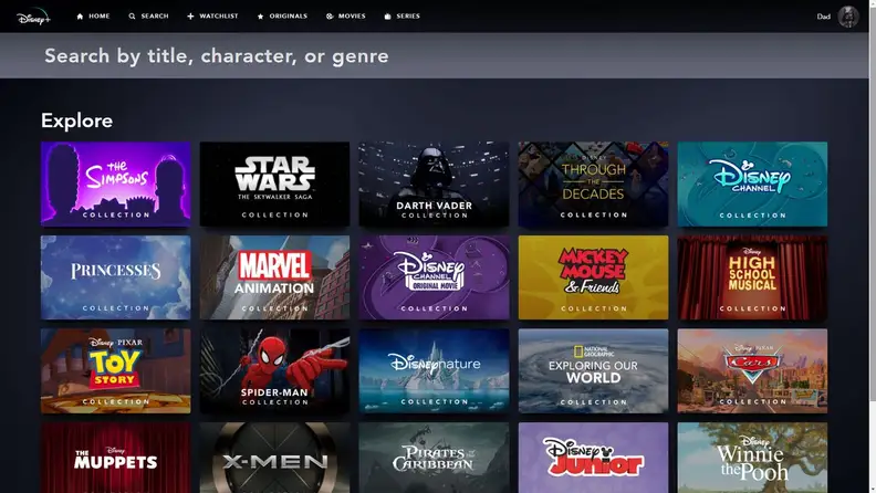 The menu of Disney+.