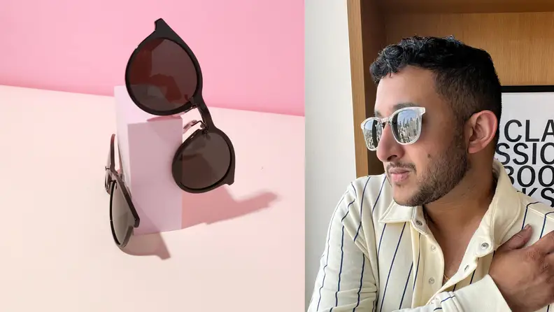 Two pairs of FlyFrames on the left against a pink background, on the right is the author wearing the clear model, seen in 3/4 view.
