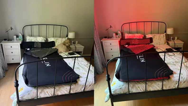 Side-by-side images of Megelin laser & LED light therapy bag shown zipped up on a bed, left side off and right side on.