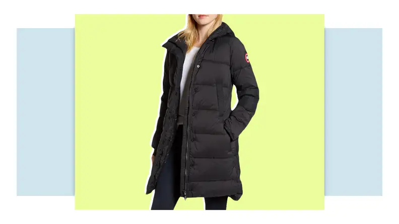 Model wearing longline puffer jacket.
