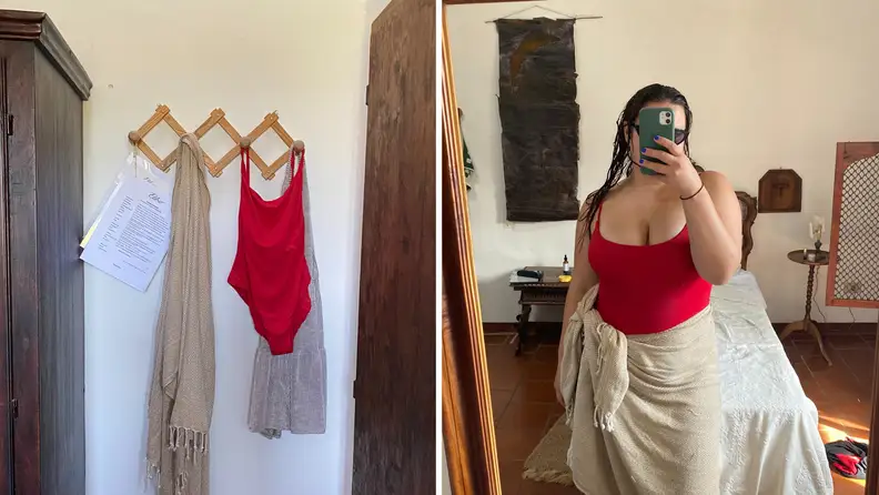 The Jetties One Piece is seen hanging on a hook, and also in a mirror selfie.