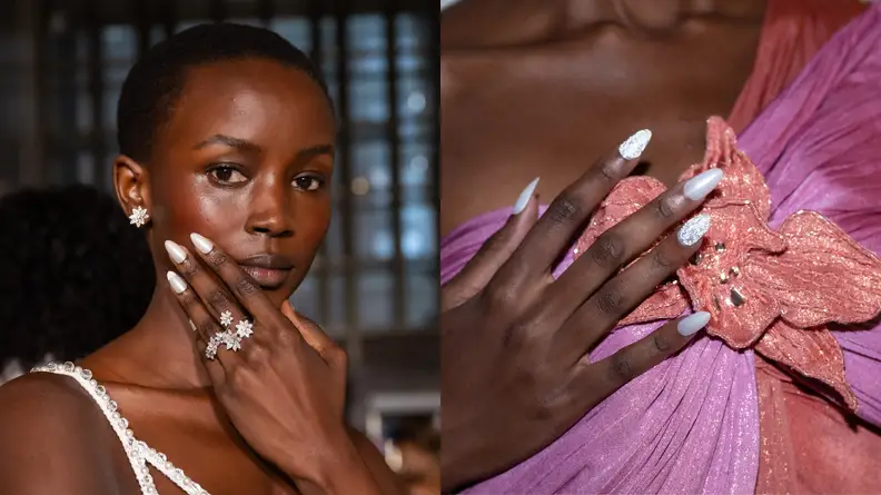 Collage of a woman and a hand showing off a manicure.