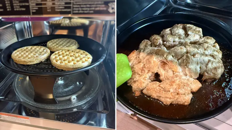 Frozen waffles being cooked inside the Sharp 900W Countertop Convection Microwave next to crazy bread.