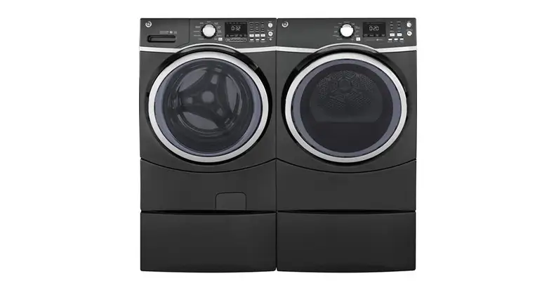 The GE GFW450SPKDG in Diamond Gray with its companion dryer