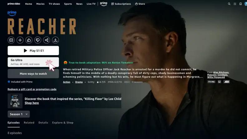 Prime Video title page showing the "Go Ultra" upgrade option for ad-free streaming, 4K UHD, and Dolby Atmos.