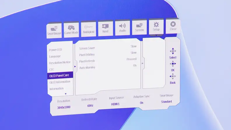 A settings menu for the Evnia 49M2C8900.