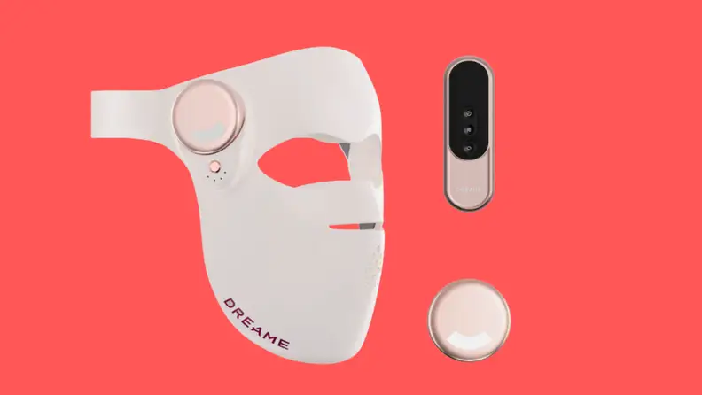 An LED mask on a red background