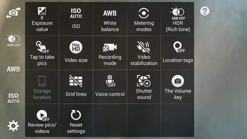 A screenshot of the Samsung Galaxy Note 4's camera menu.