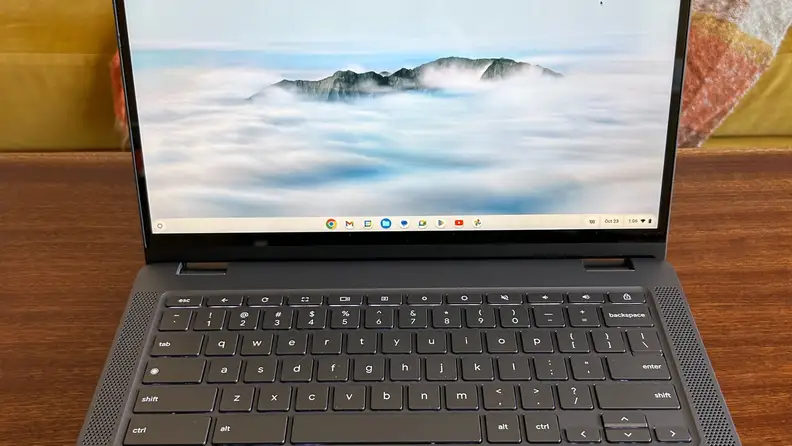 Close-up of the laptop's monitor and keyboard.