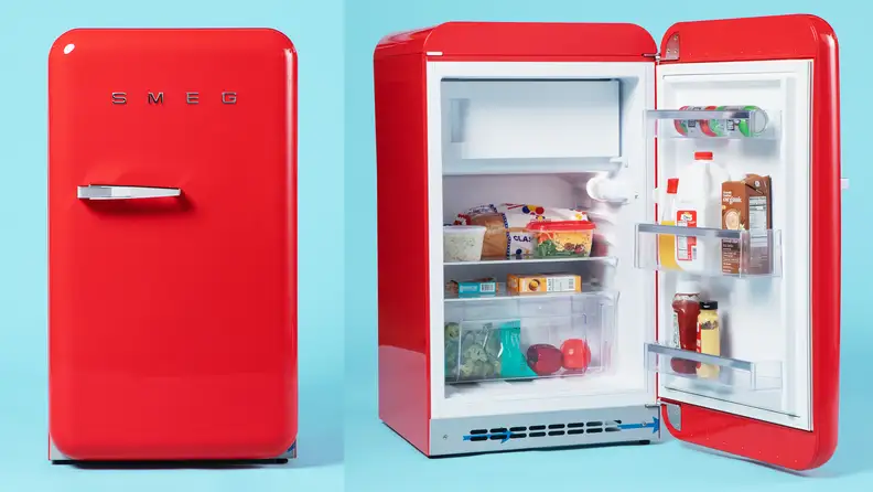 A side by side collage of a red Smeg FAB10URRD3 mini refrigerator closed and then opened to showcase an assortment of foods inside.