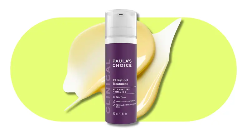 Paula’s Choice 1% Retinol Treatment bottle with cream swatch behind it.