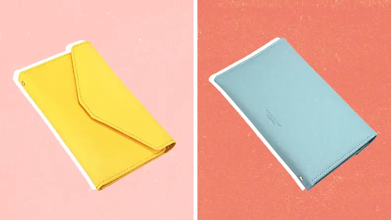 A yellow wallet against a pink background and a light grey wallet against a red background.