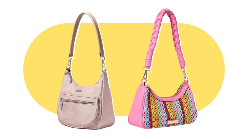 Product shots of pink and patterned short strap shoulder bags.