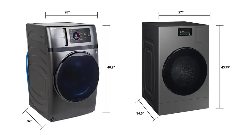 GE Profile Combo and Samsung Bespoke Ventless with their dimensions labeled