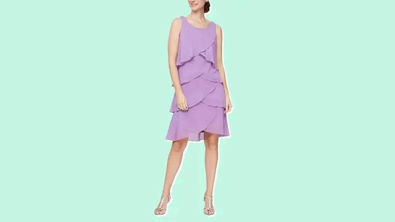 A lavender-colored chiffon dress from SL Fashions against a mint green background.